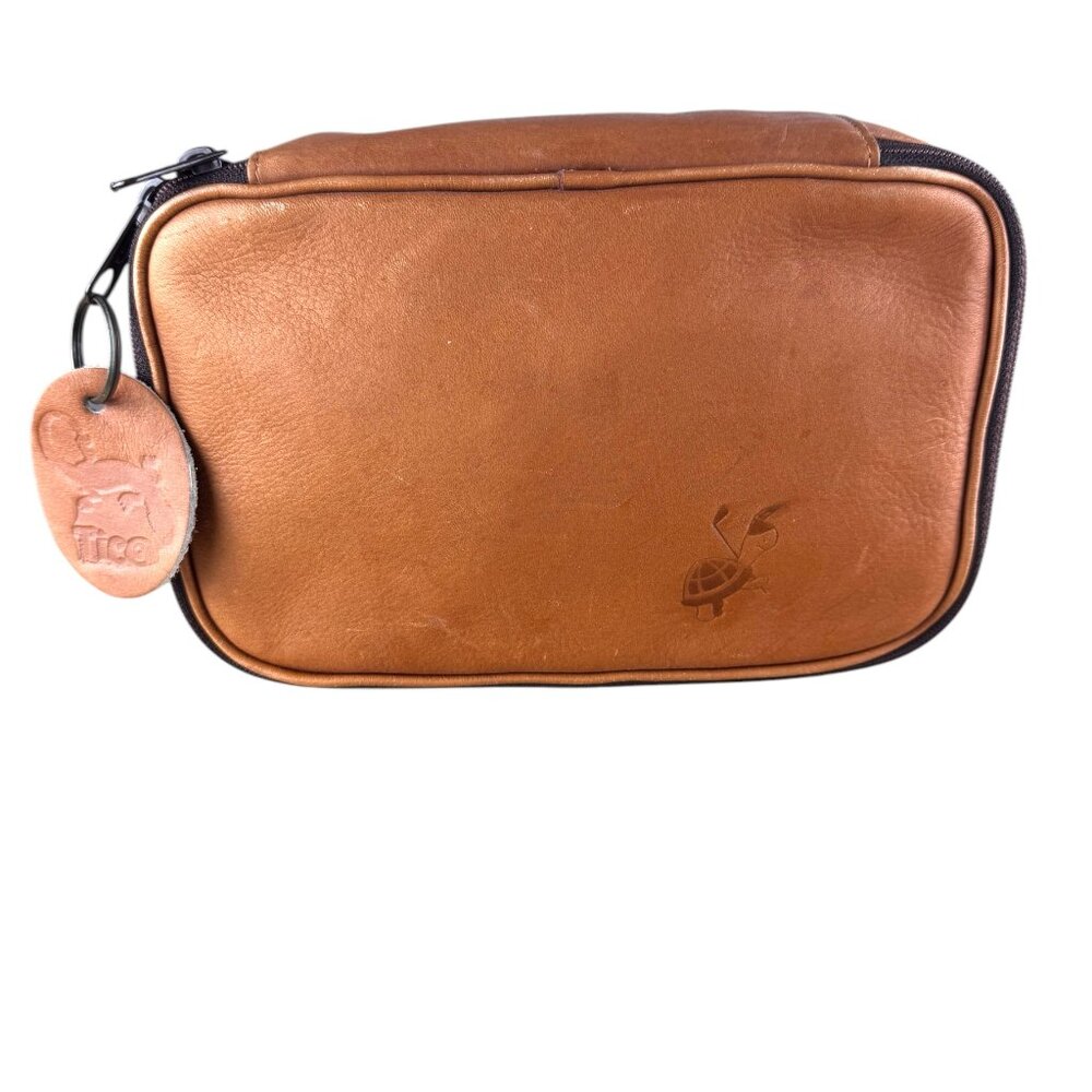 Tica Light Brown Leather Travel Zip Around Toiletrie Case Bag Unisex